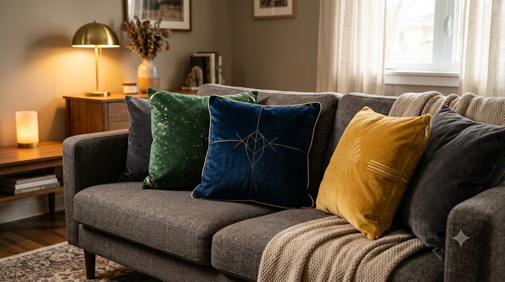 Velvet and Brass Accent Pillows Couch
